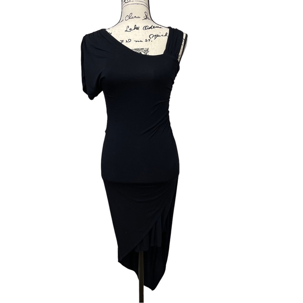 Bebe LBD One Shoulder Sexy Bodycon Asymmetrical Dress Size XS in Black - Picture 2 of 11
